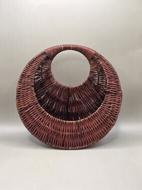 Vintage Woven Wicker Hanging Wall Pocket Basket Half Moon Crescent Boho...